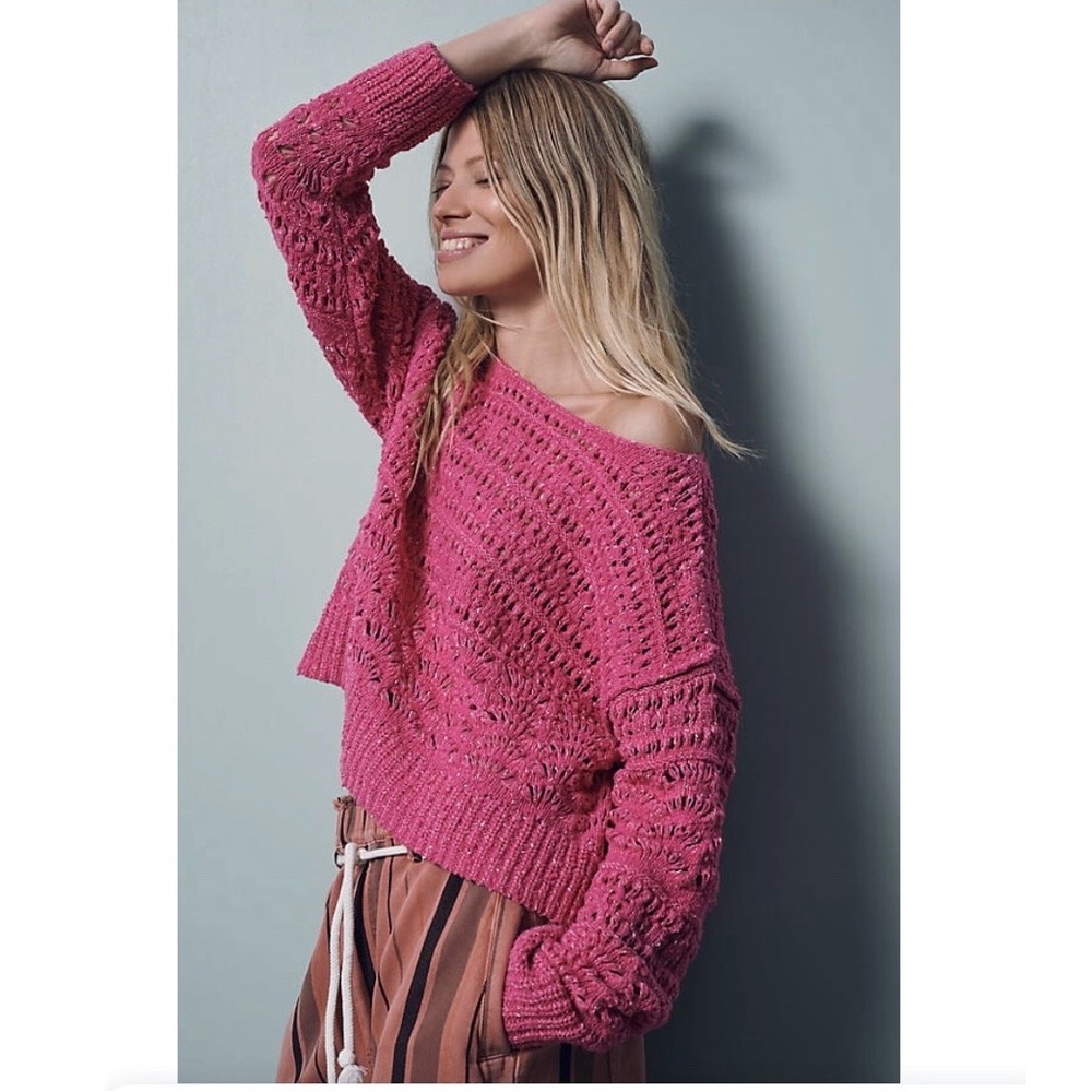 PILCRO The Palmer Open-Stitch Pullover Sweater in hot pink